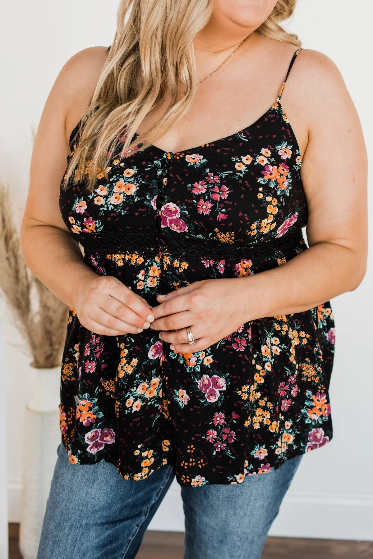 Chose Happiness Floral Tank Top- Black