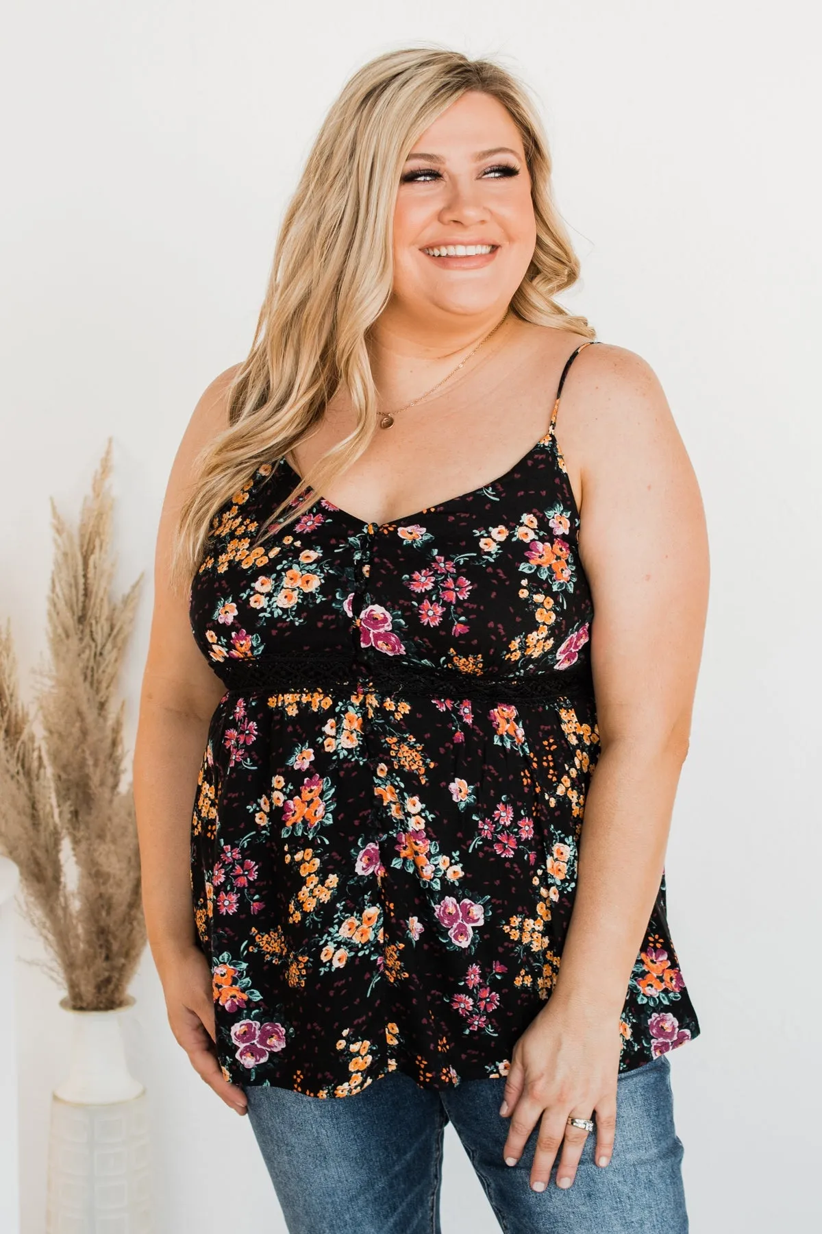 Chose Happiness Floral Tank Top- Black