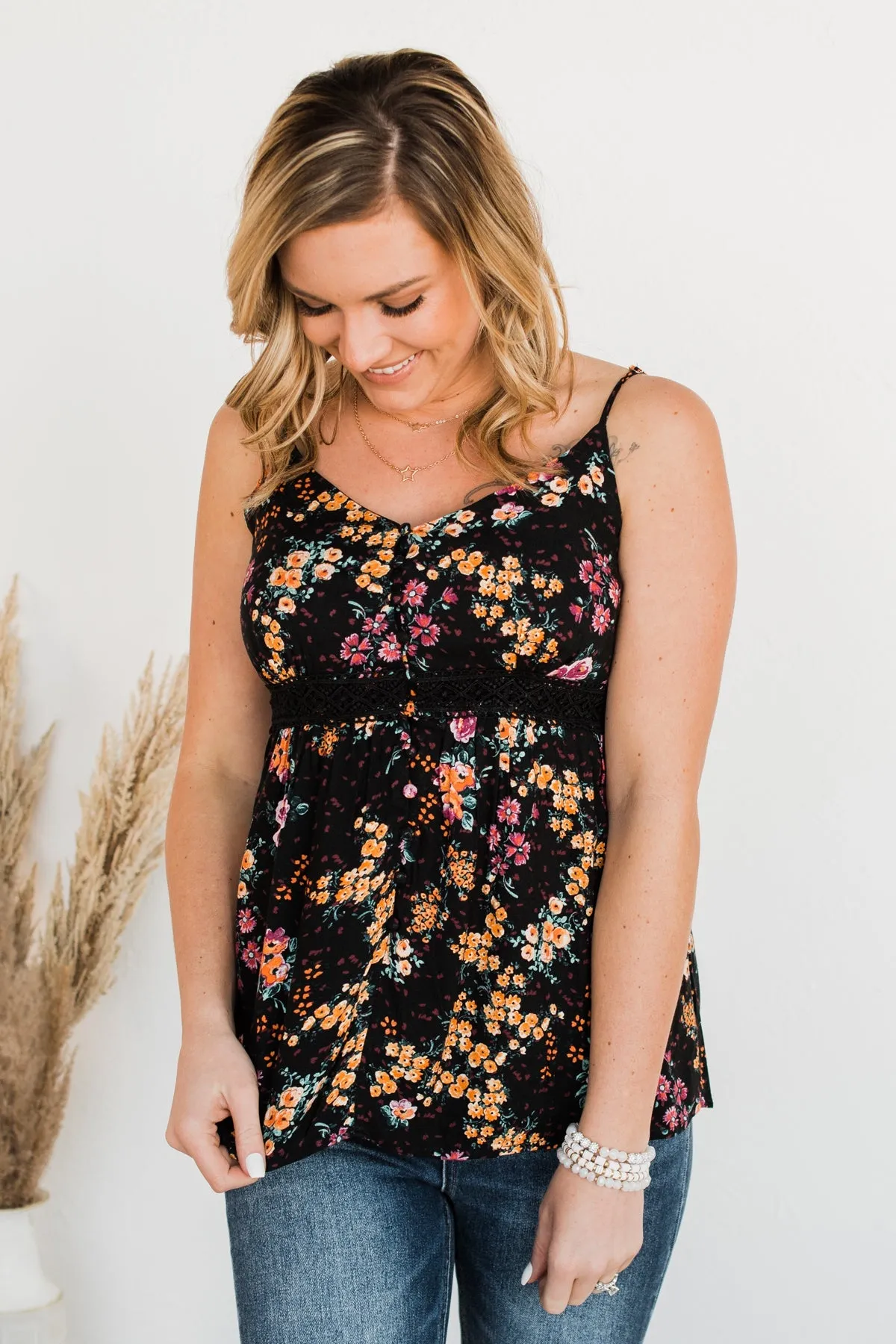 Chose Happiness Floral Tank Top- Black