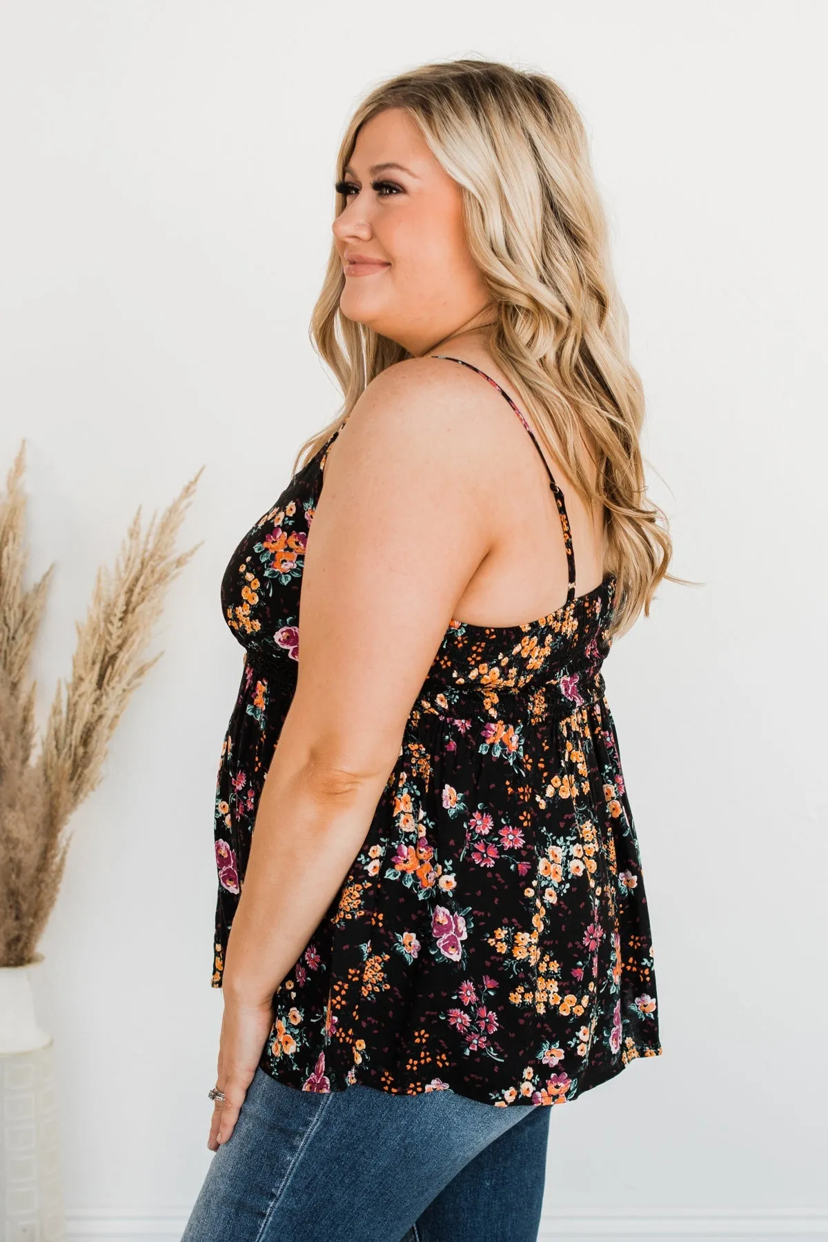 Chose Happiness Floral Tank Top- Black