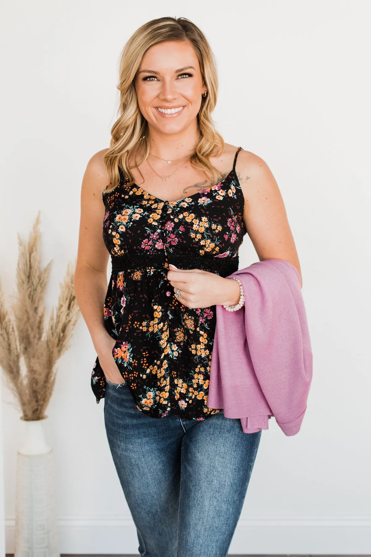 Chose Happiness Floral Tank Top- Black