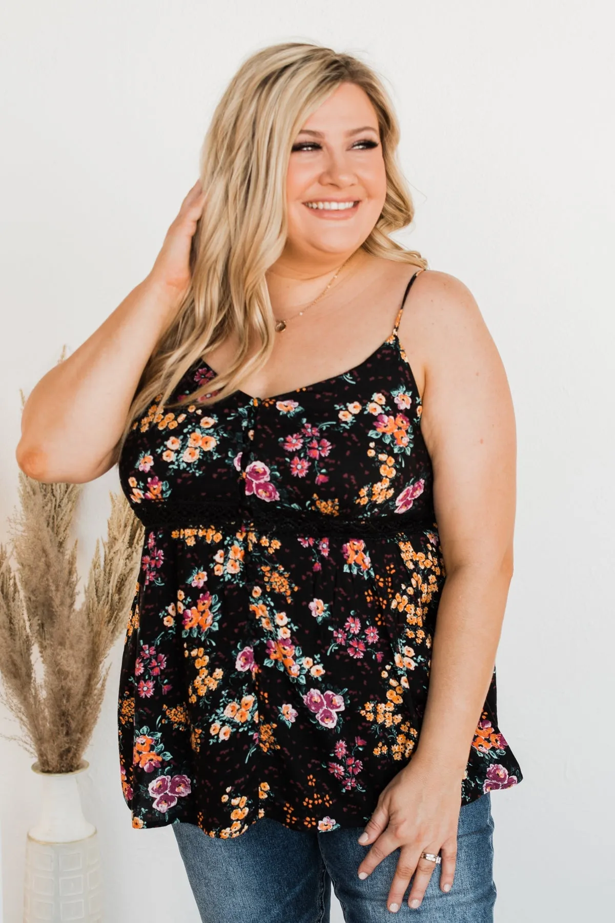 Chose Happiness Floral Tank Top- Black