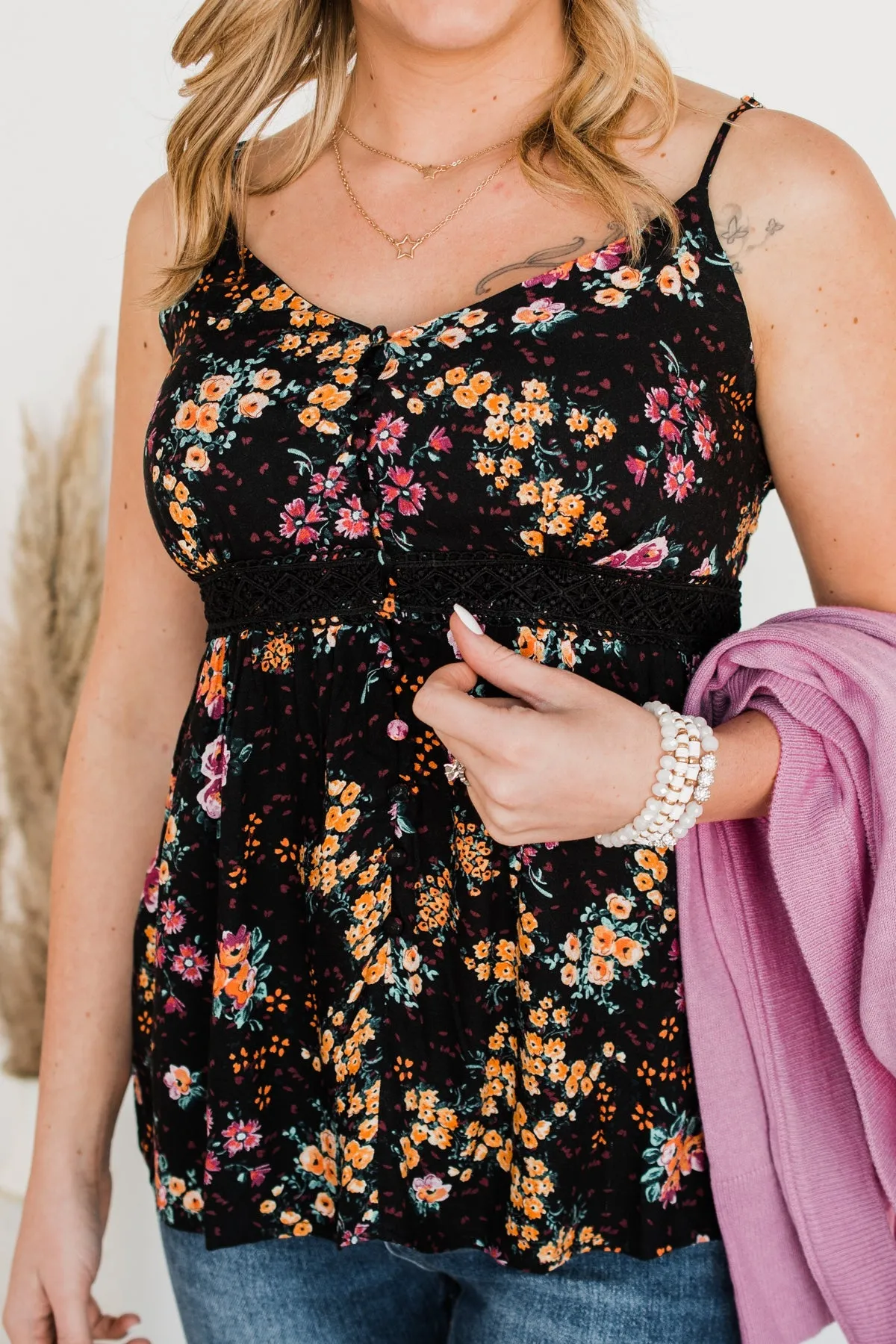 Chose Happiness Floral Tank Top- Black