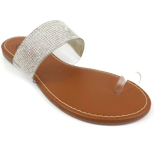Clear Toe Ring with Rhinestone Band Flat Summer Sandals