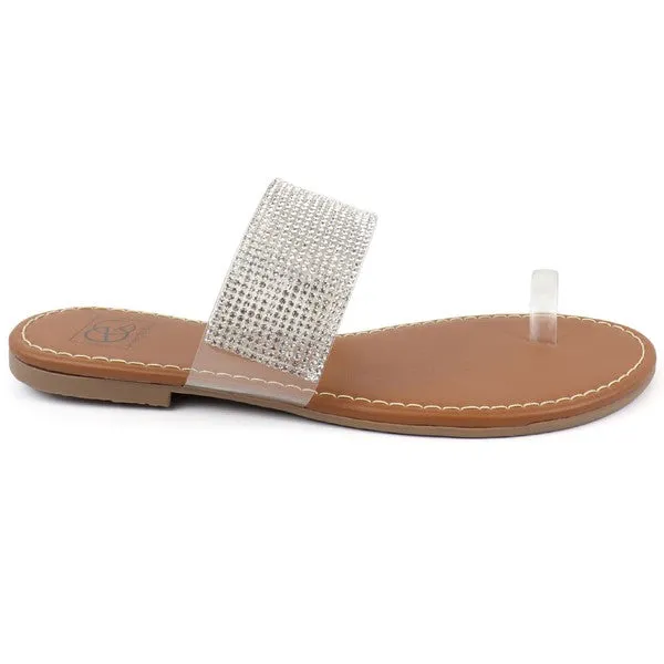 Clear Toe Ring with Rhinestone Band Flat Summer Sandals