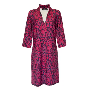 Coco Dress in Tossed Leaves Navy and Cranberry