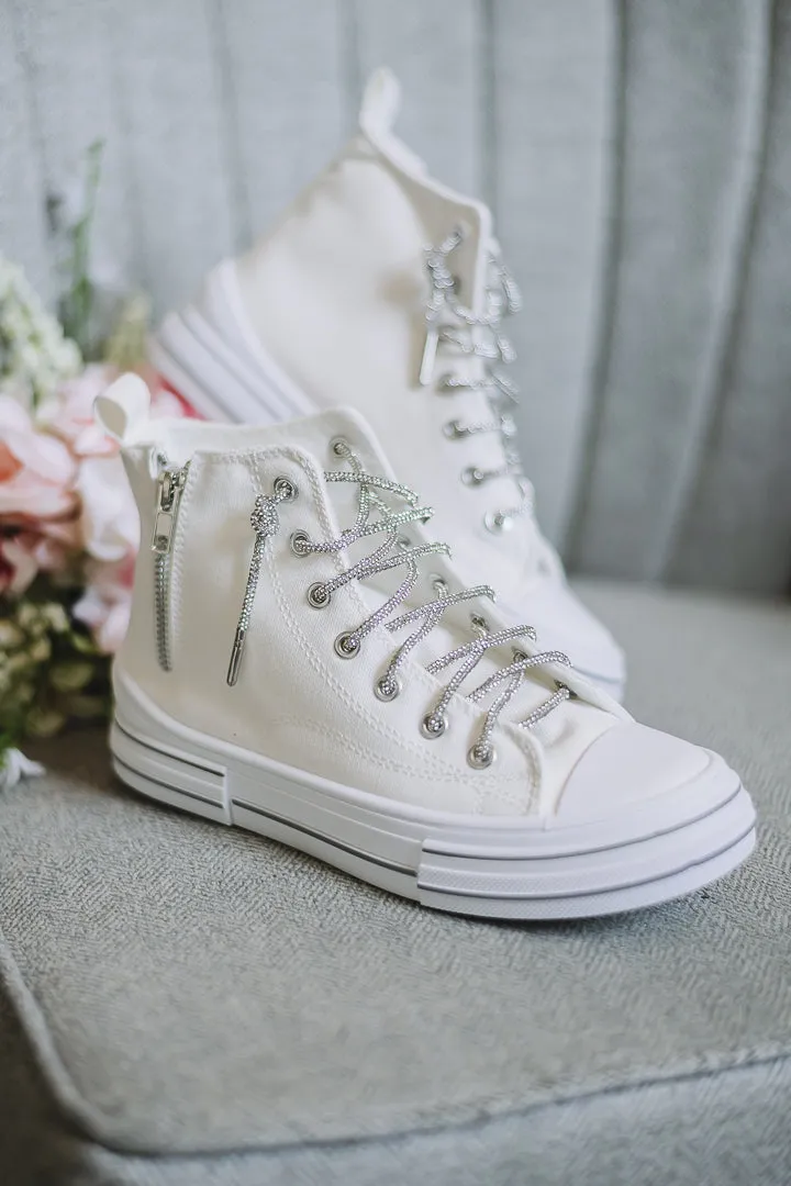 Cora High Top Canvas Rhinestone Lace Sneakers | White