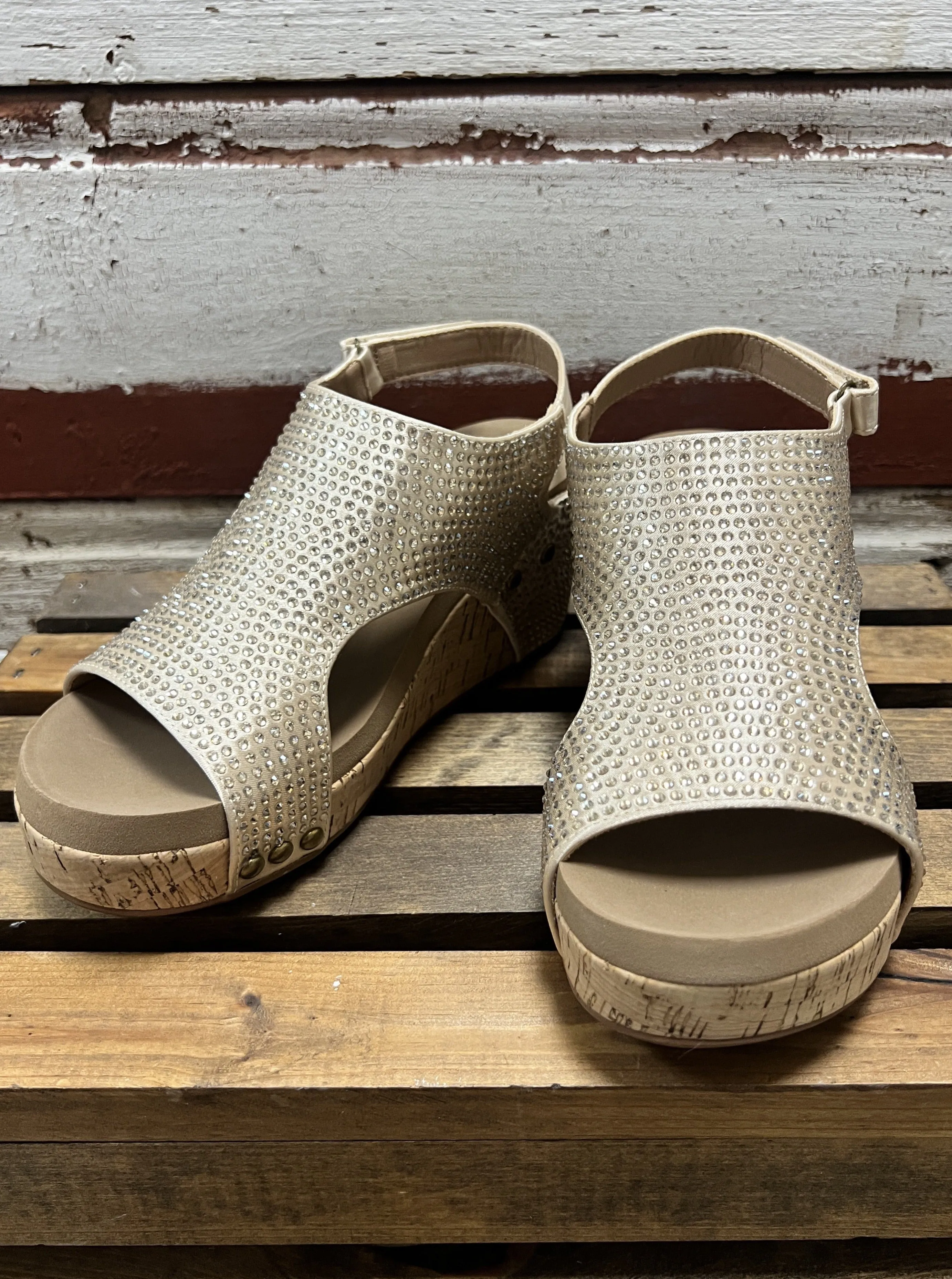 CORKYS Carley Champagne Crystals Wedge Heel Sandal w Velcro Closure