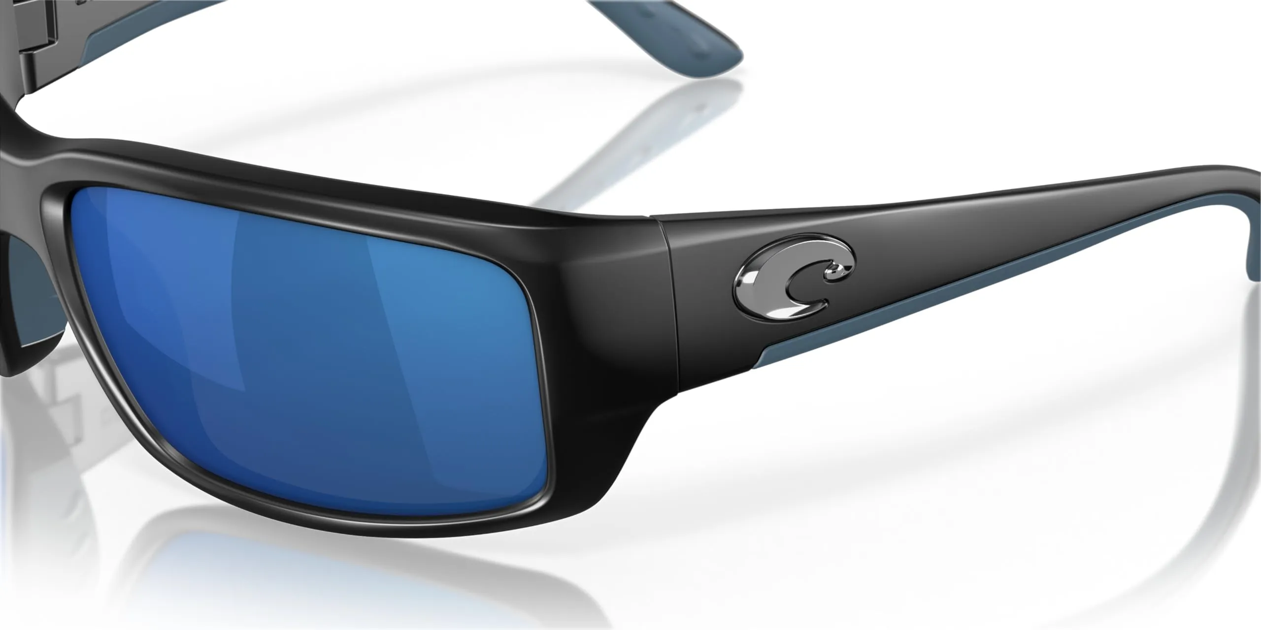 Costa Del Mar Fantail Polarized Rectangular Sunglasses, Matte Black/Grey Blue Mirrored