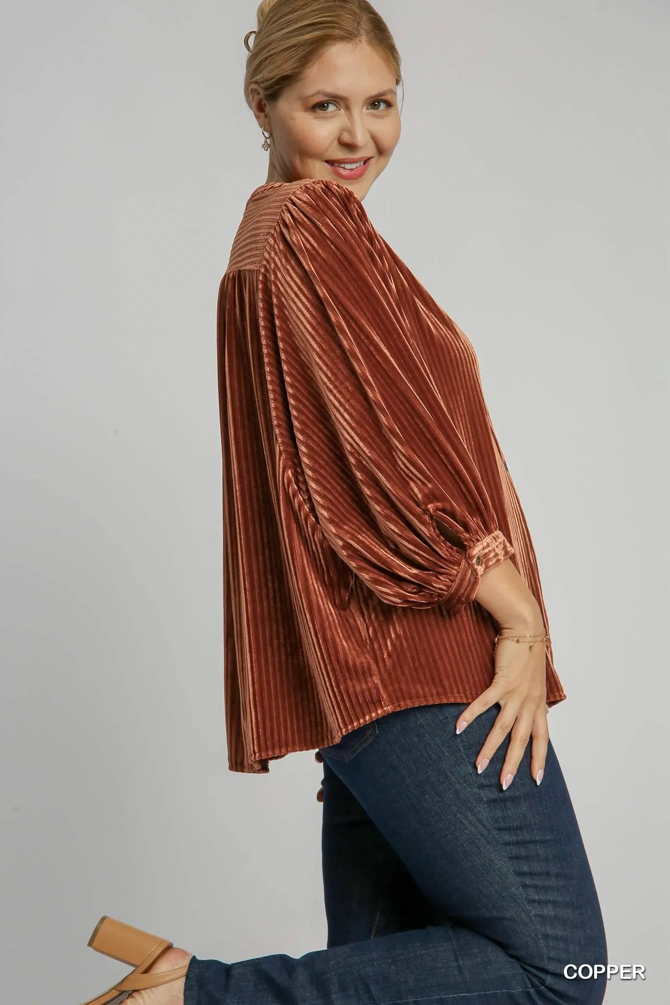 Costa V-Notched Button Down Top - Copper