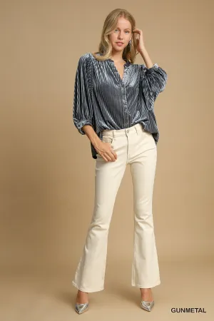 Costa V-Notched Button Down Top - Gunmetal