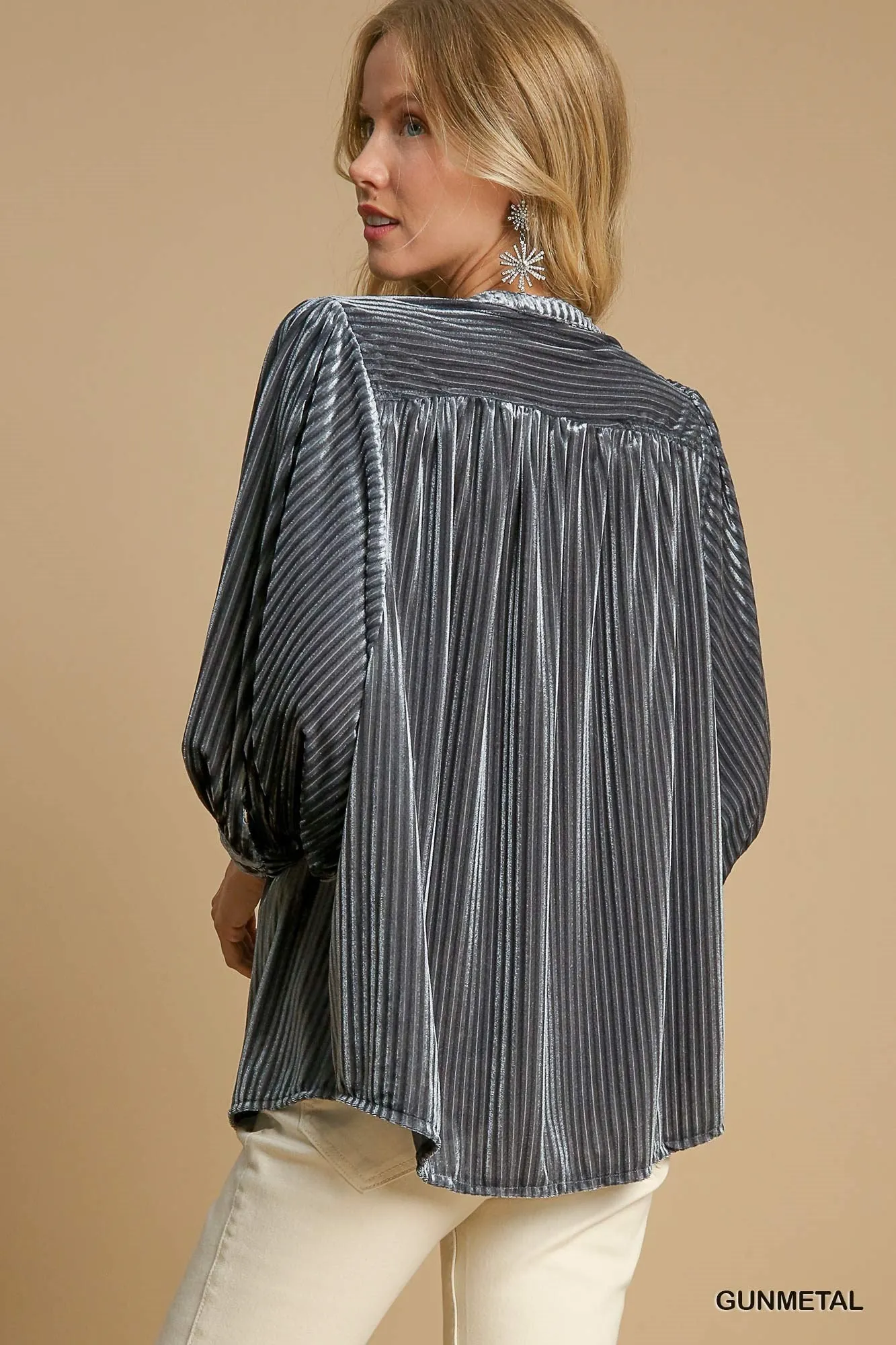 Costa V-Notched Button Down Top - Gunmetal