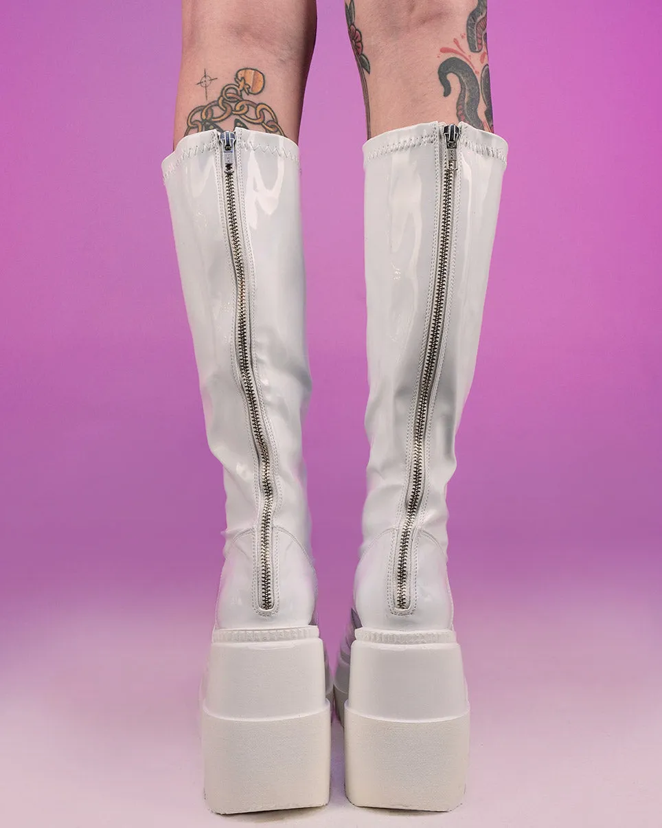 Demonia Shaker White Holo Knee High Boots