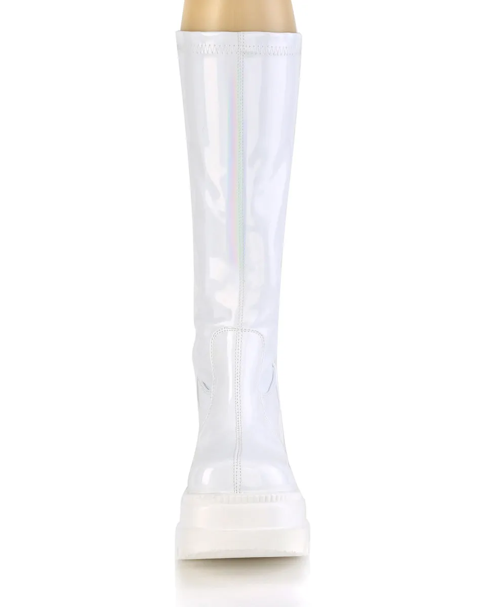Demonia Shaker White Holo Knee High Boots