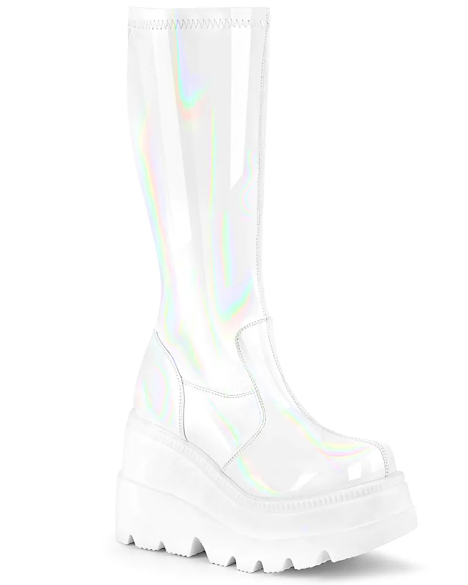 Demonia Shaker White Holo Knee High Boots