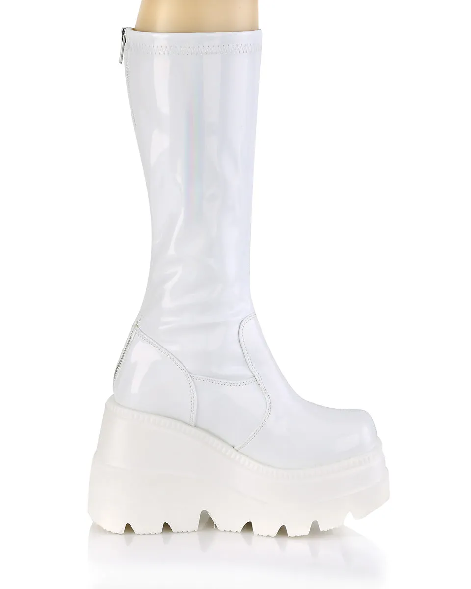 Demonia Shaker White Holo Knee High Boots