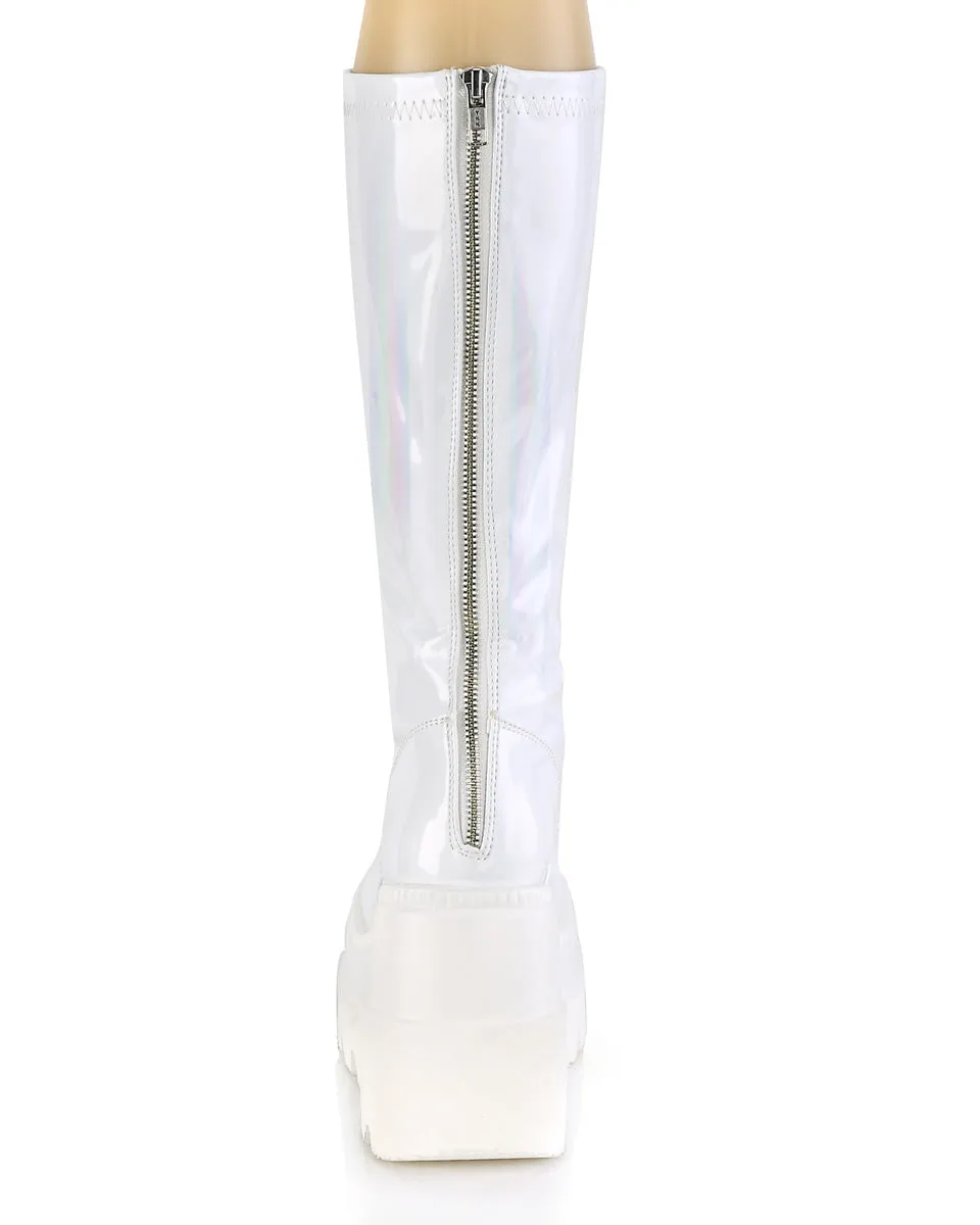 Demonia Shaker White Holo Knee High Boots