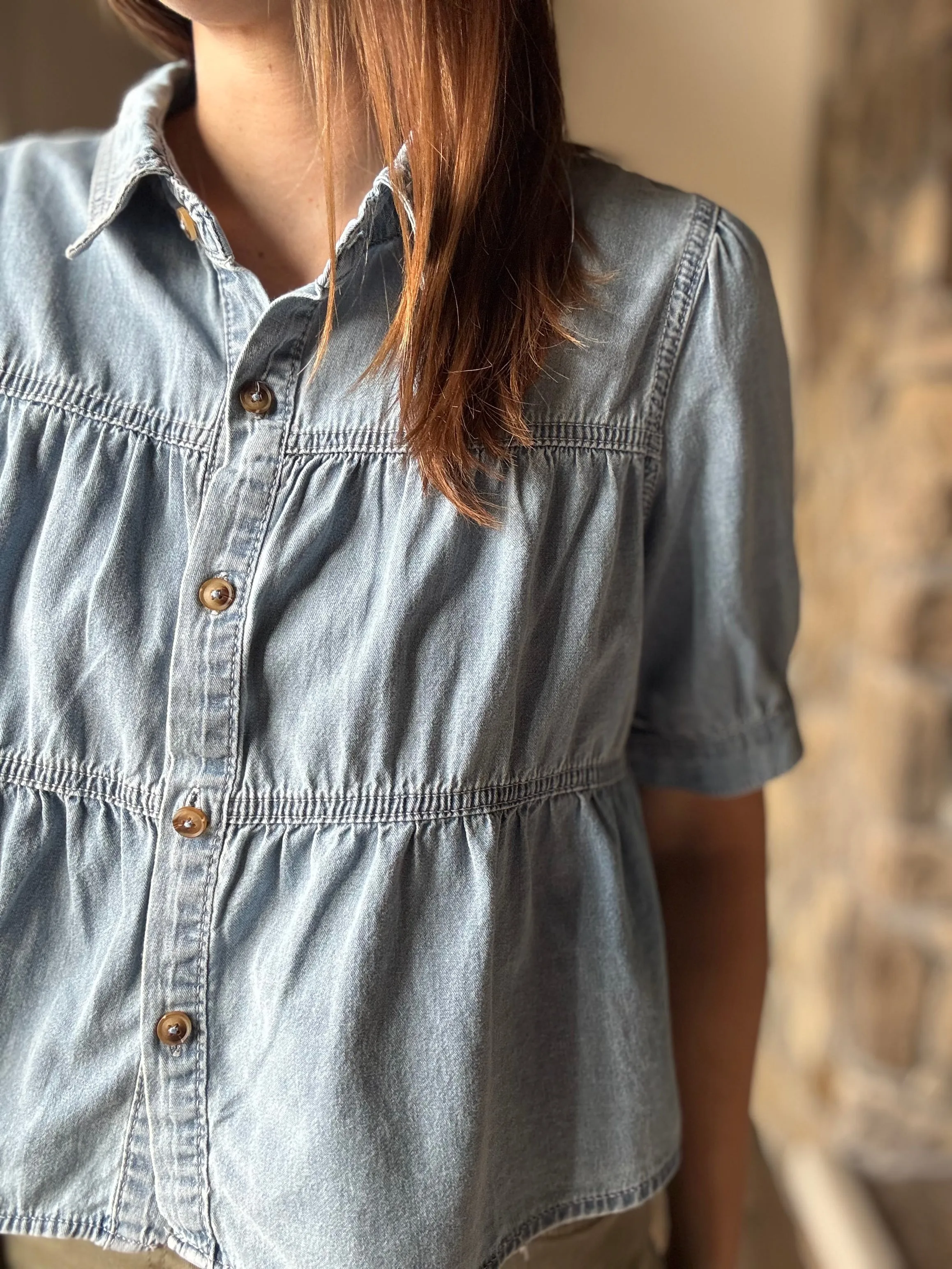 denim tiered collared top