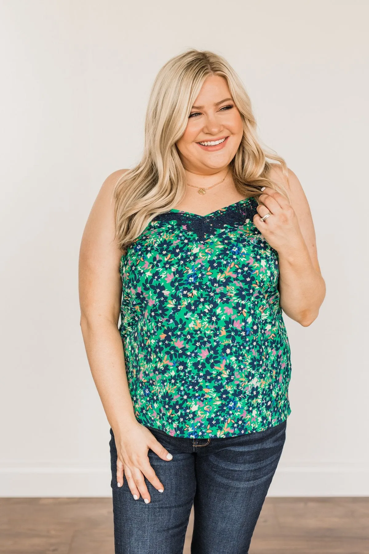Dreaming Of Paradise Floral Tank Top- Green & Navy