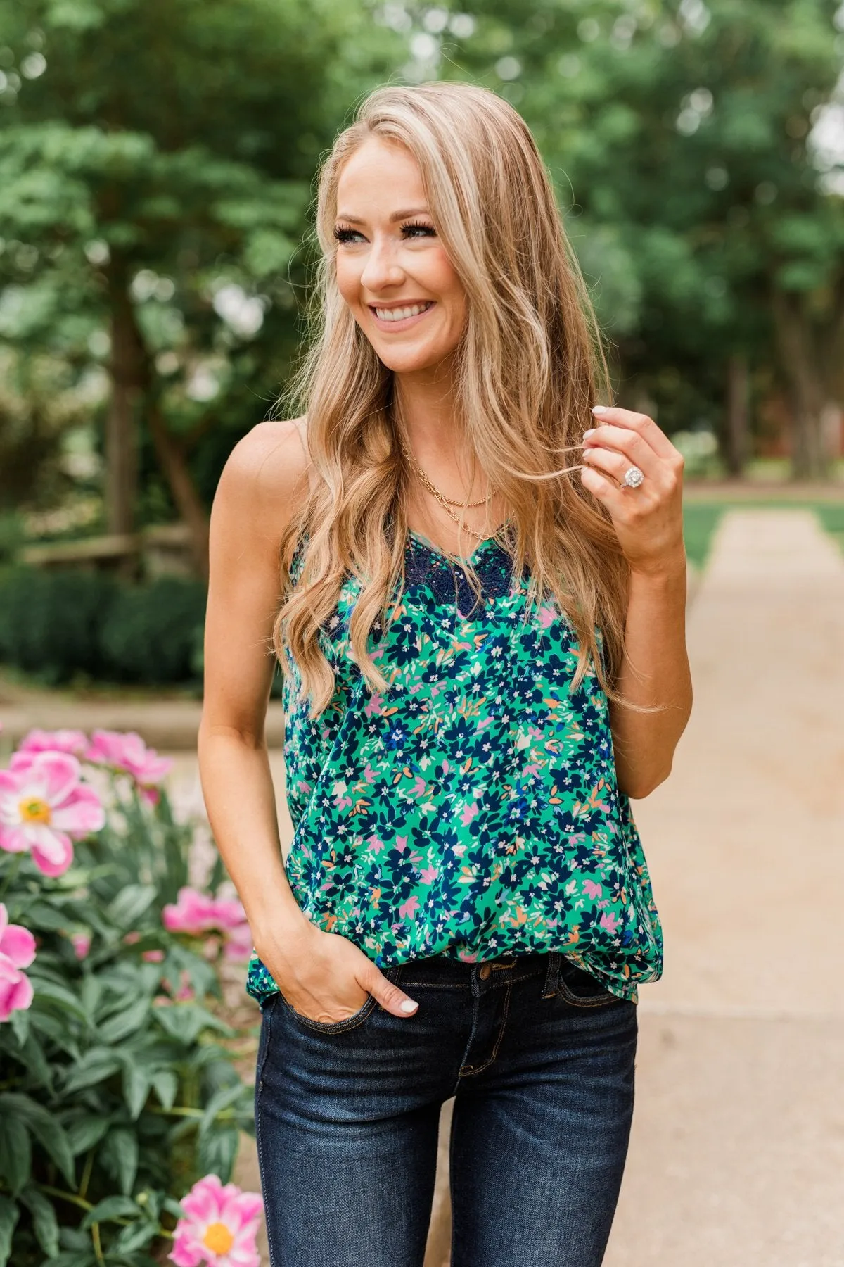 Dreaming Of Paradise Floral Tank Top- Green & Navy