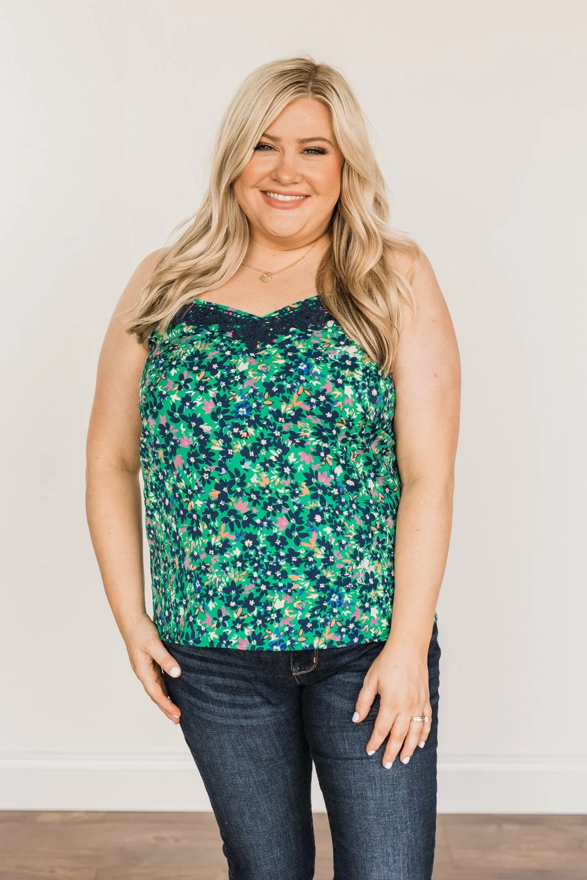 Dreaming Of Paradise Floral Tank Top- Green & Navy