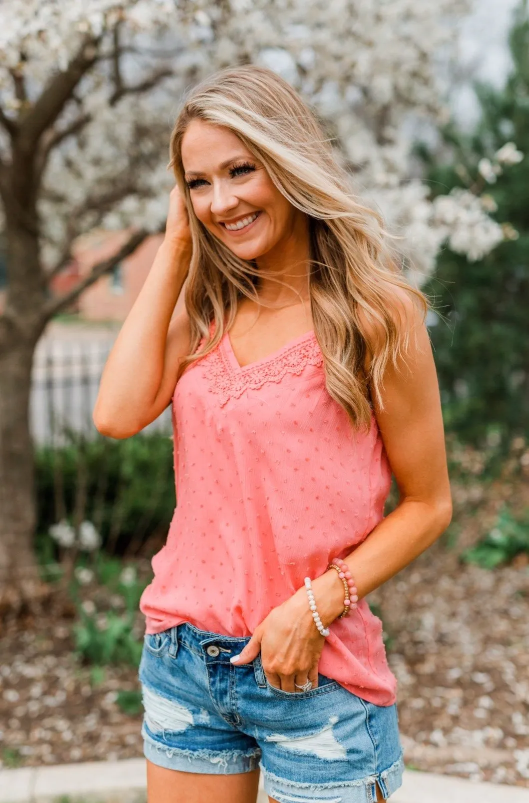 Feeling Lovely Swiss Dot Lace Tank Top- Pink