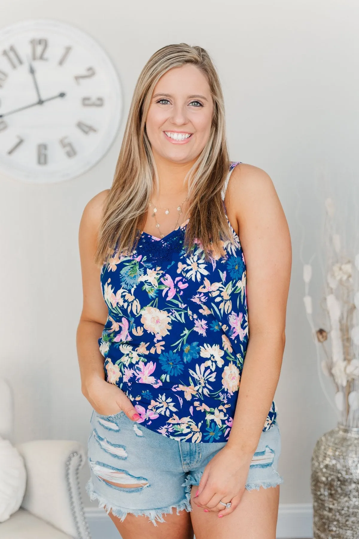 Feeling Positive Floral Lace Tank Top- Cobalt Blue