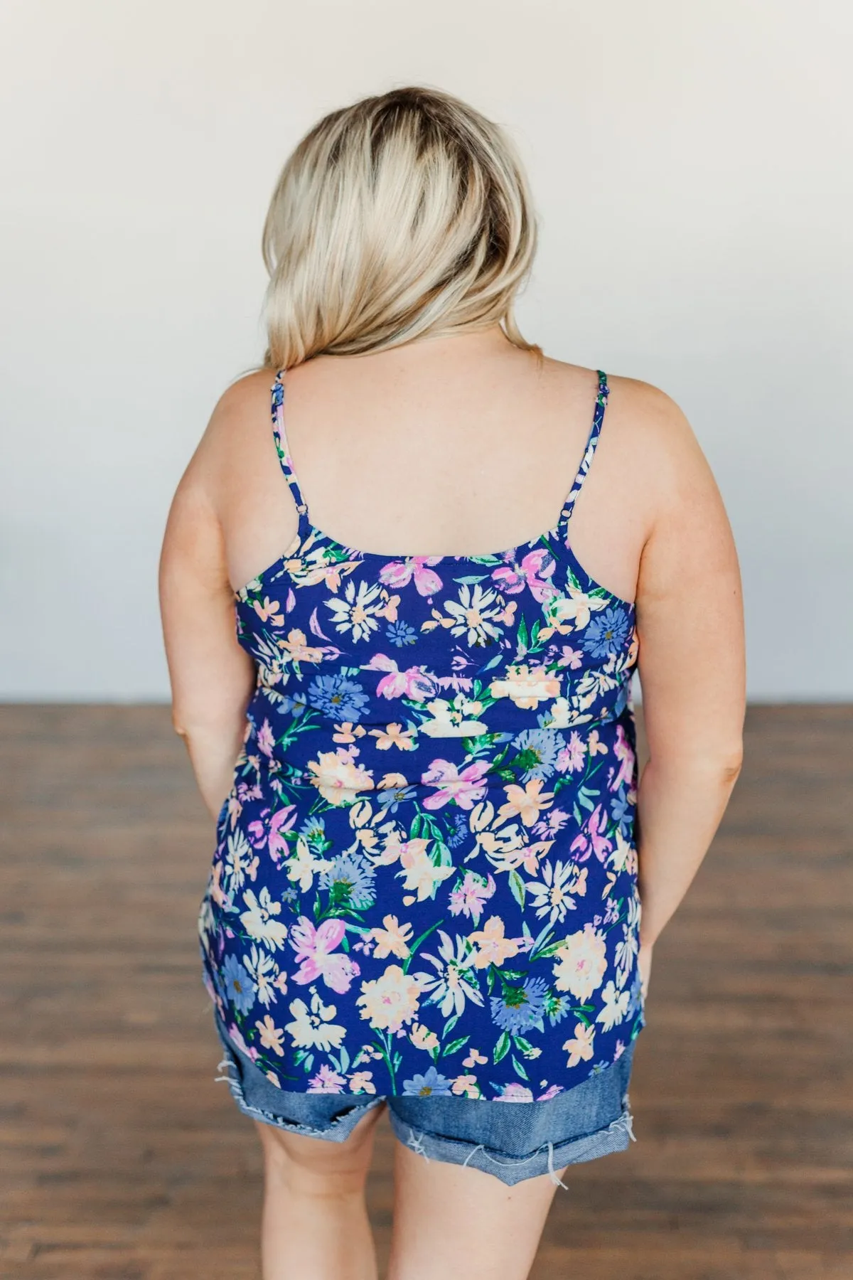 Feeling Positive Floral Lace Tank Top- Cobalt Blue