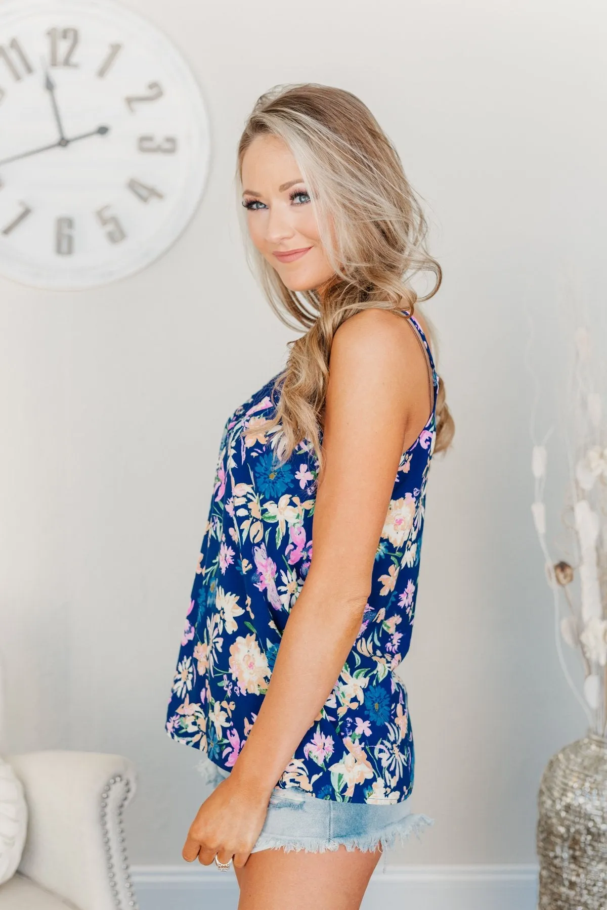 Feeling Positive Floral Lace Tank Top- Cobalt Blue