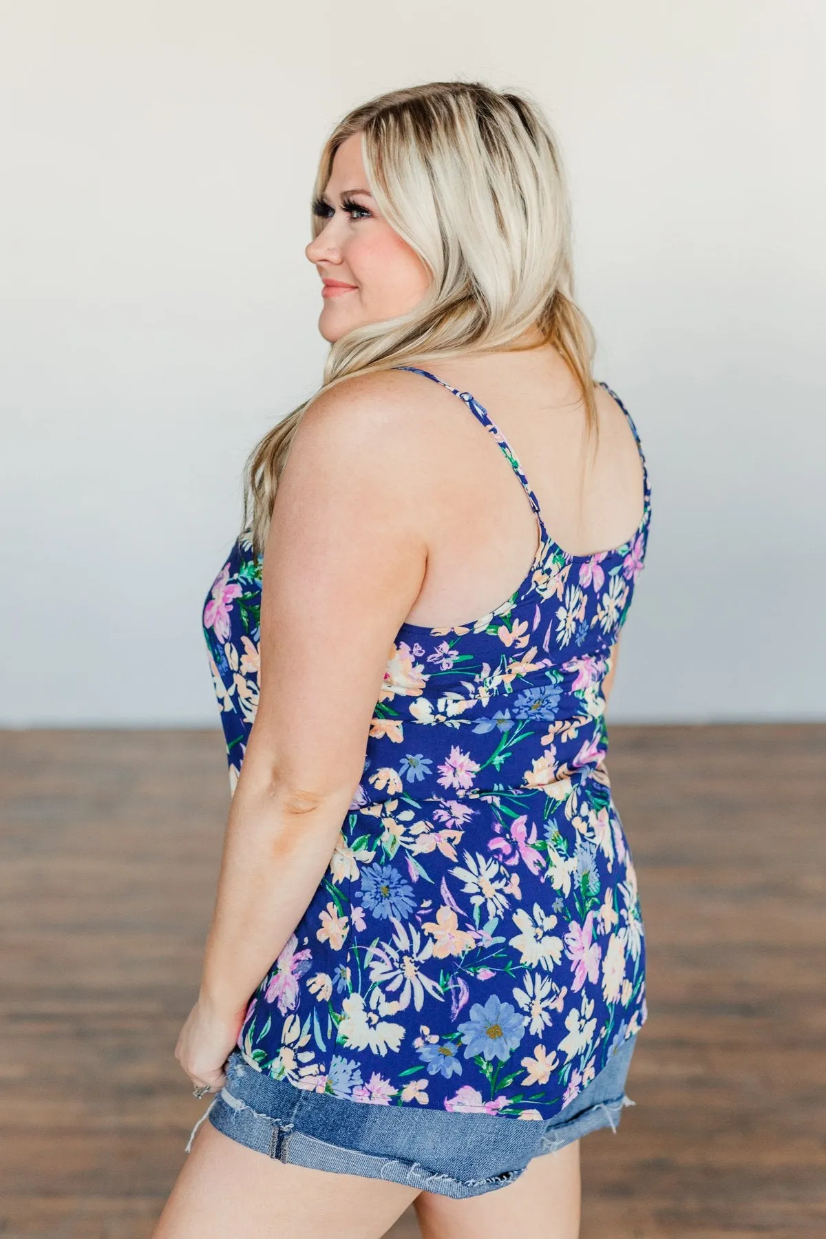 Feeling Positive Floral Lace Tank Top- Cobalt Blue