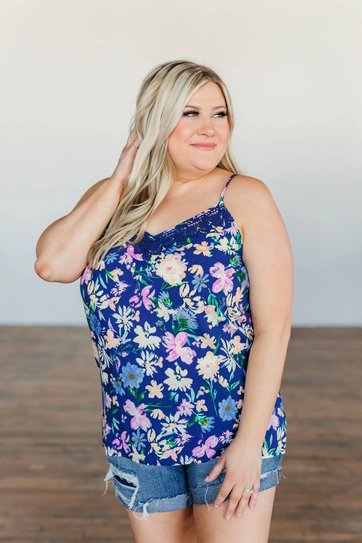 Feeling Positive Floral Lace Tank Top- Cobalt Blue