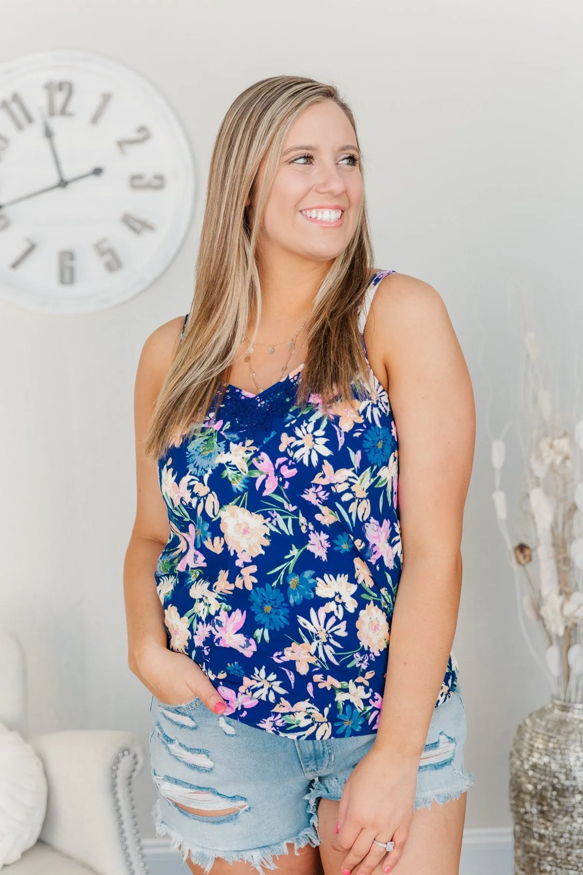 Feeling Positive Floral Lace Tank Top- Cobalt Blue