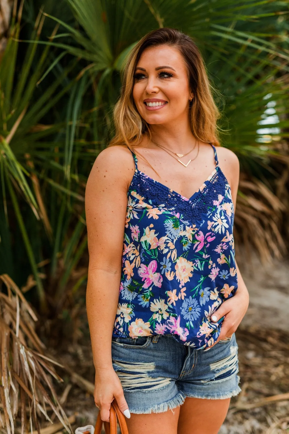 Feeling Positive Floral Lace Tank Top- Cobalt Blue