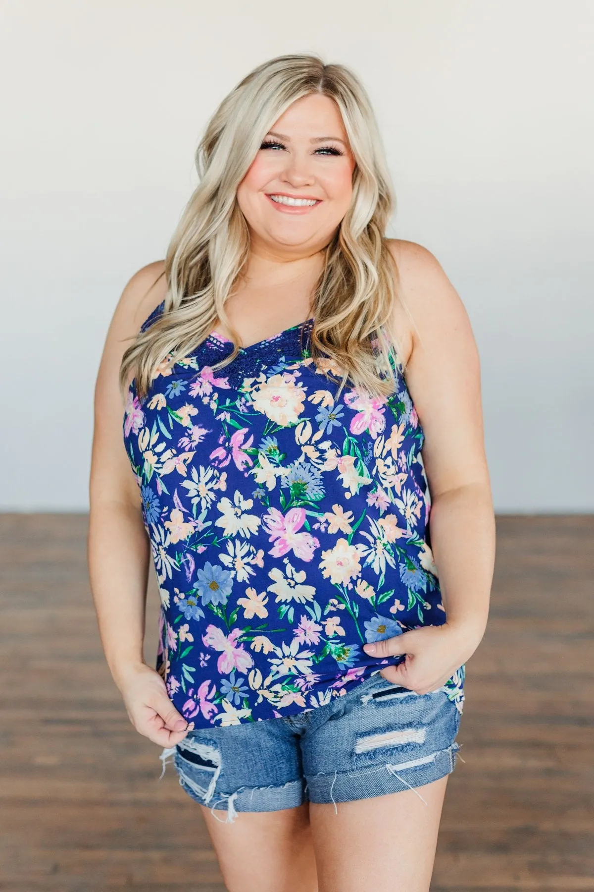 Feeling Positive Floral Lace Tank Top- Cobalt Blue