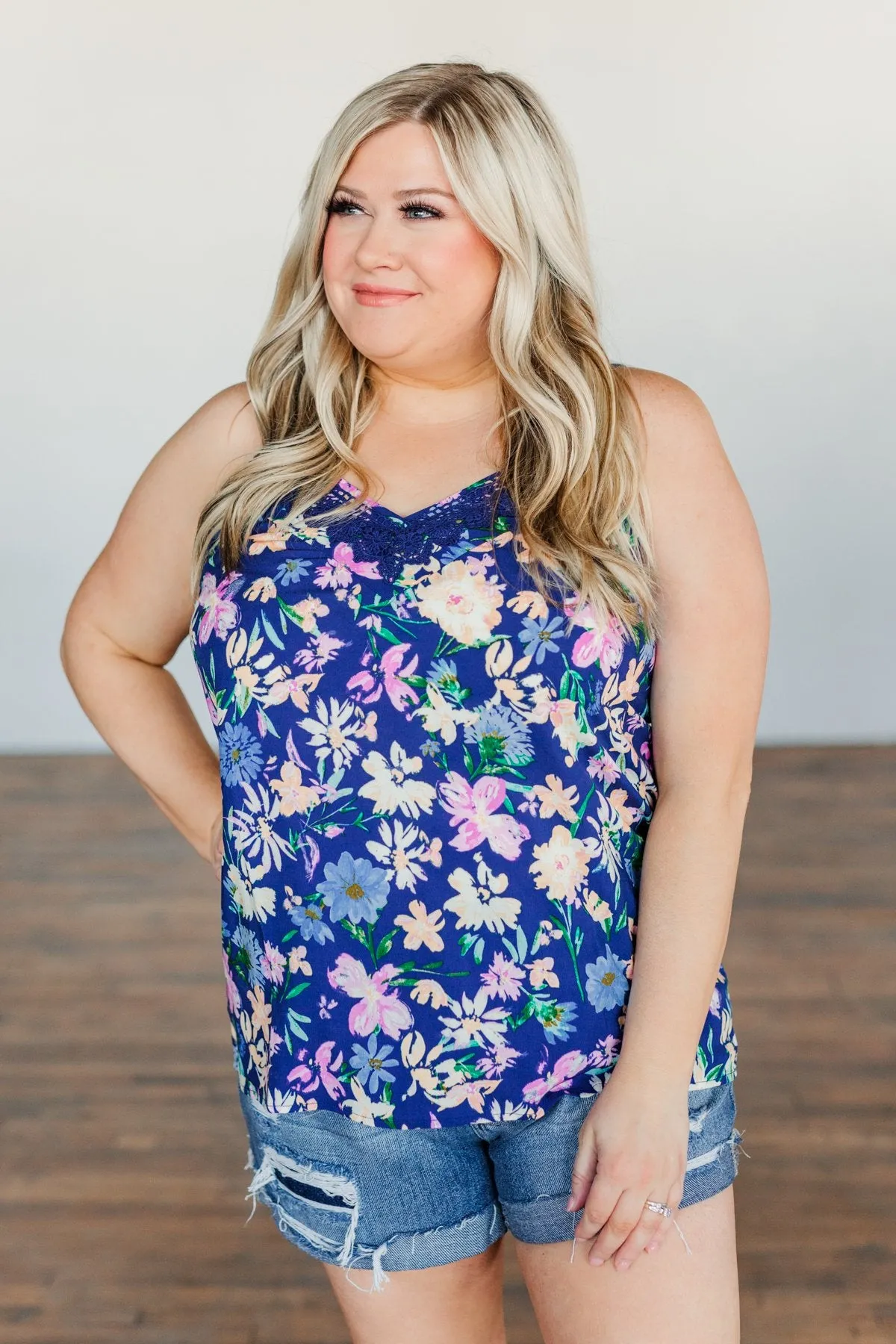 Feeling Positive Floral Lace Tank Top- Cobalt Blue
