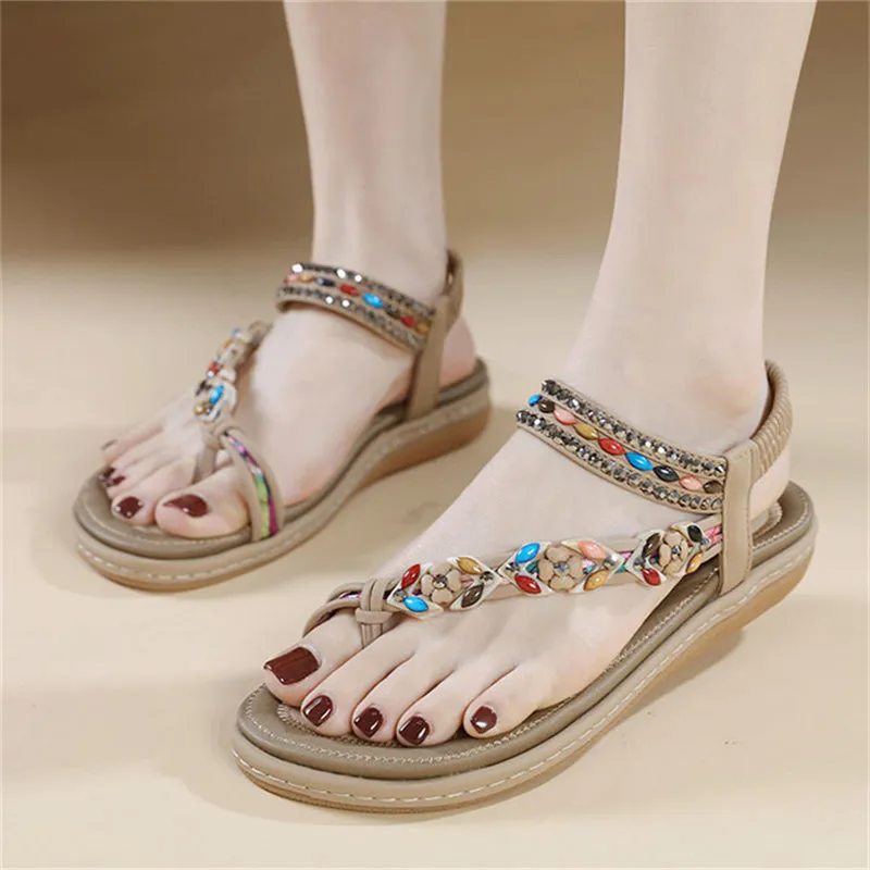 Flower Decoration Toe Ring Flat Travel Beach Sandals for Women