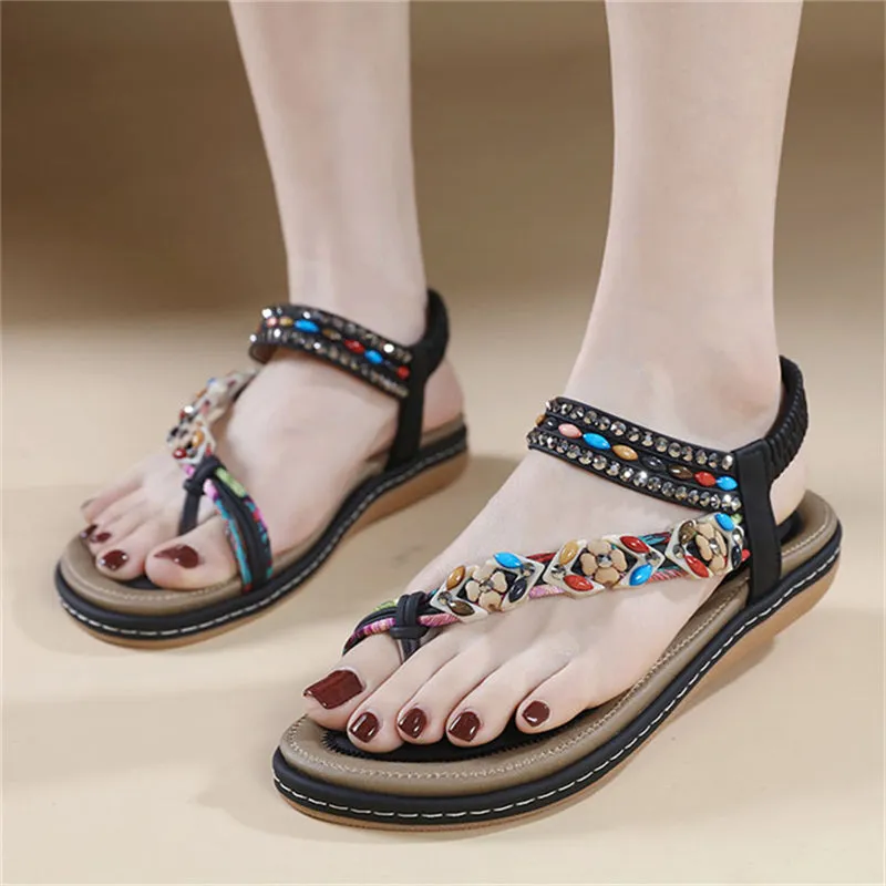 Flower Decoration Toe Ring Flat Travel Beach Sandals for Women