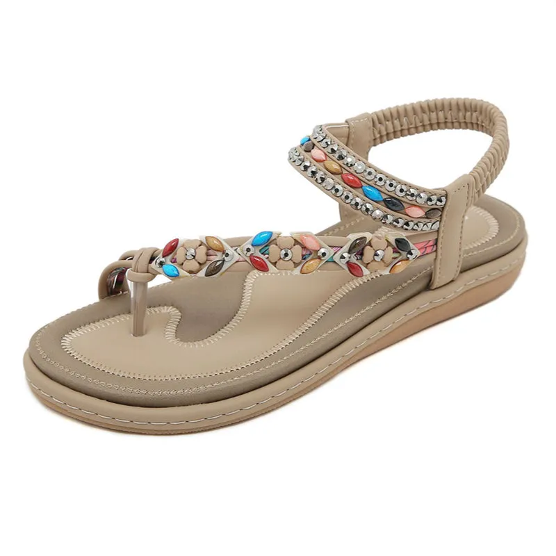 Flower Decoration Toe Ring Flat Travel Beach Sandals for Women