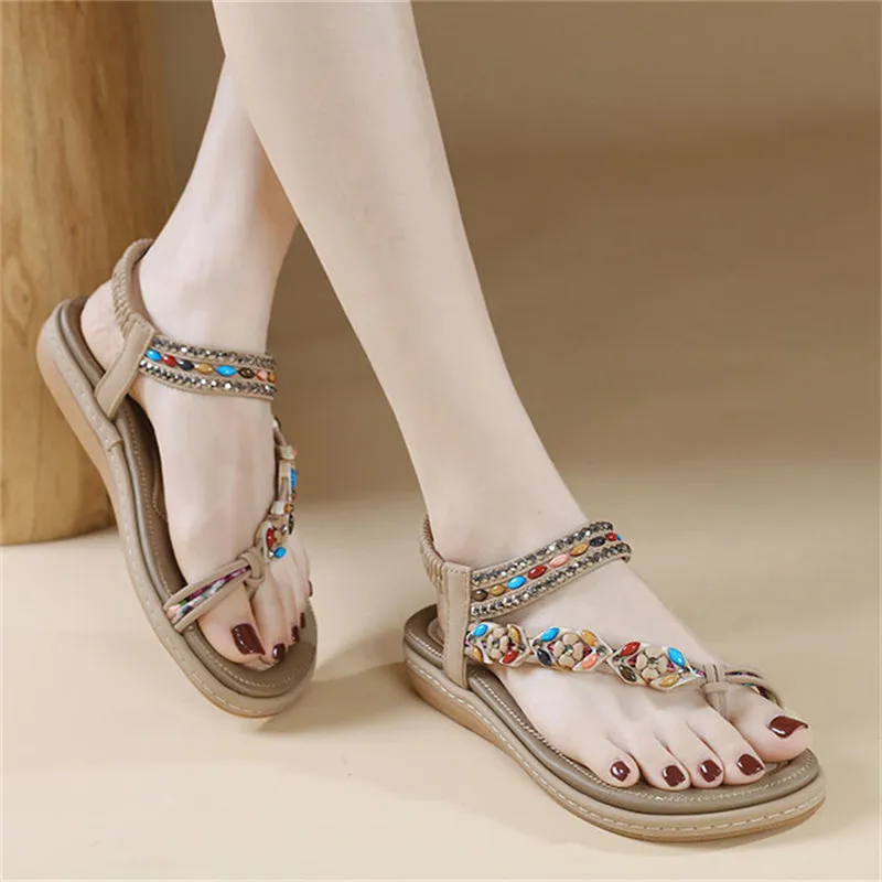 Flower Decoration Toe Ring Flat Travel Beach Sandals for Women