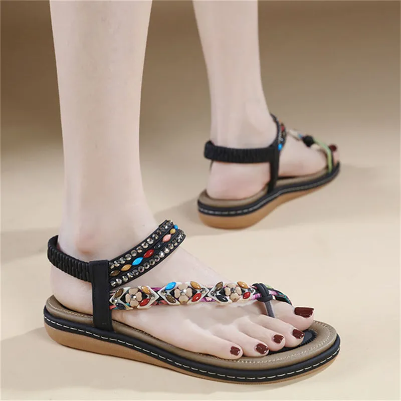 Flower Decoration Toe Ring Flat Travel Beach Sandals for Women