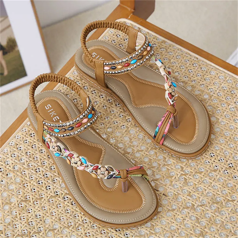 Flower Decoration Toe Ring Flat Travel Beach Sandals for Women
