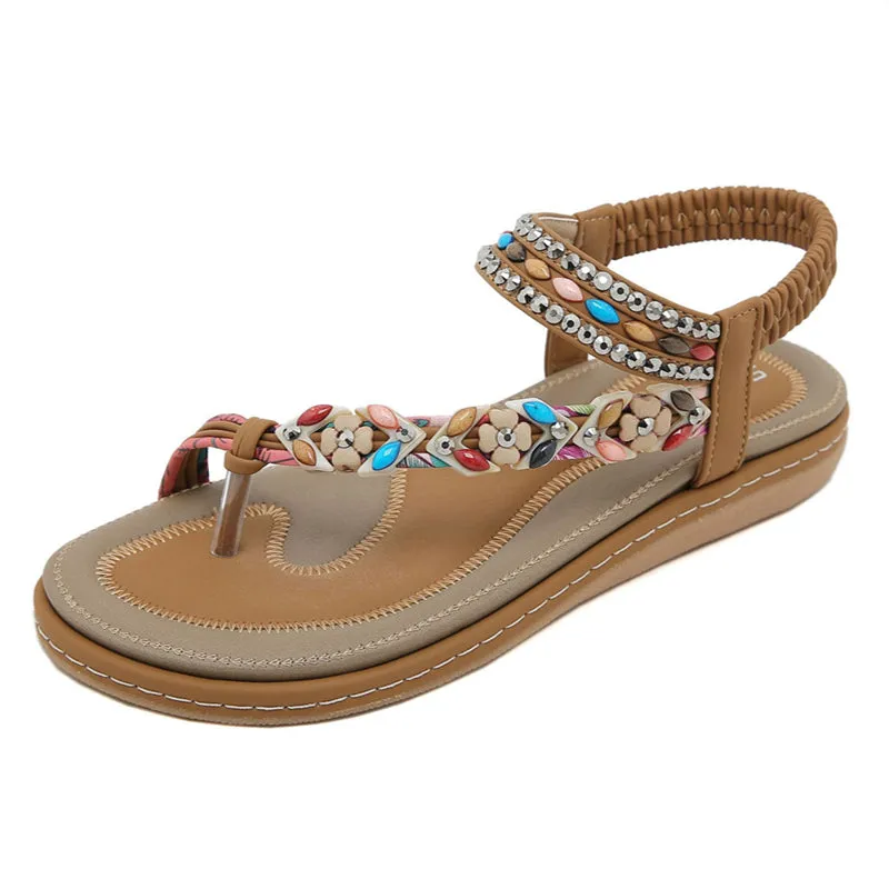 Flower Decoration Toe Ring Flat Travel Beach Sandals for Women
