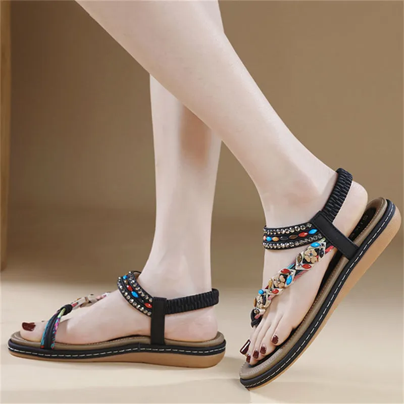 Flower Decoration Toe Ring Flat Travel Beach Sandals for Women