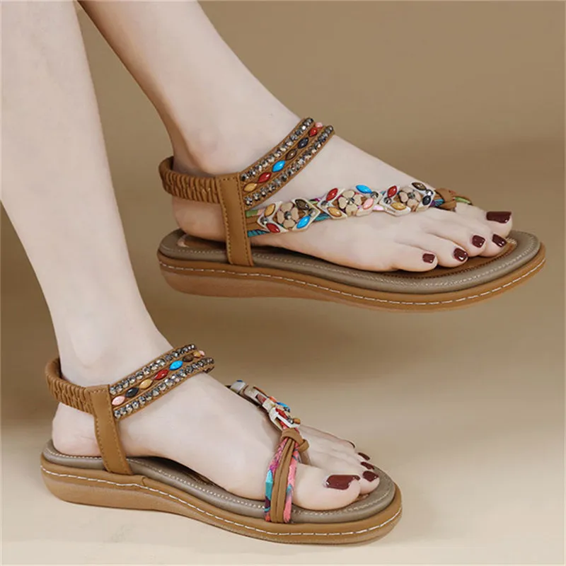 Flower Decoration Toe Ring Flat Travel Beach Sandals for Women