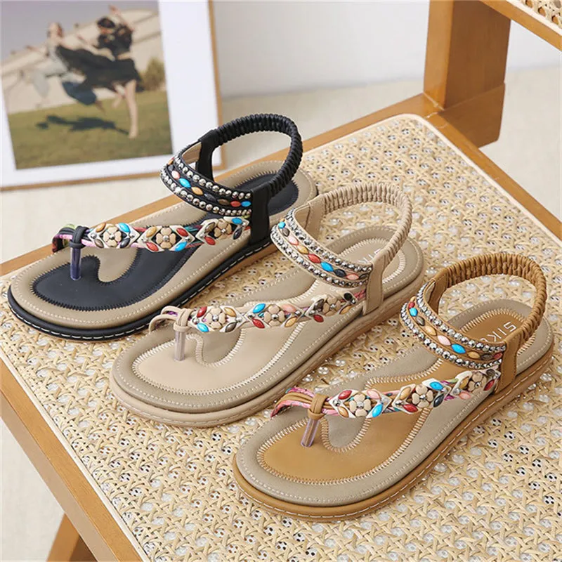 Flower Decoration Toe Ring Flat Travel Beach Sandals for Women
