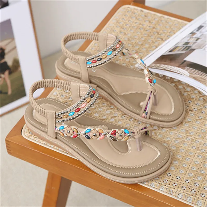 Flower Decoration Toe Ring Flat Travel Beach Sandals for Women