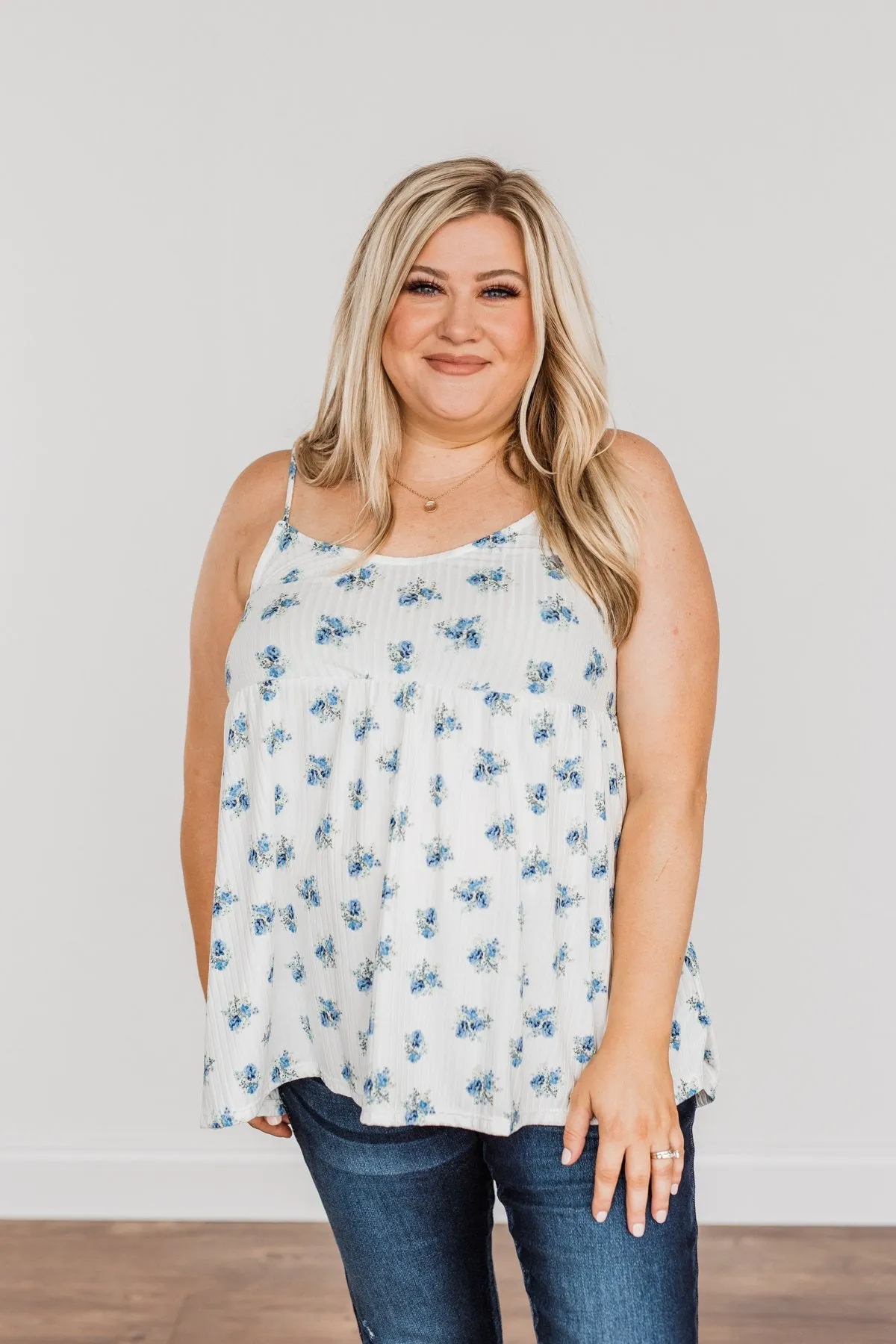 Follow The Flowers Knit Tank Top- Off-White & Blue
