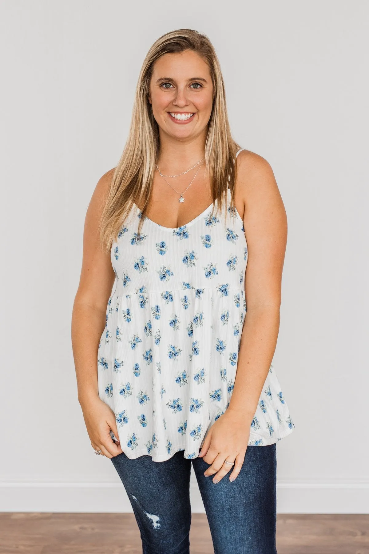 Follow The Flowers Knit Tank Top- Off-White & Blue