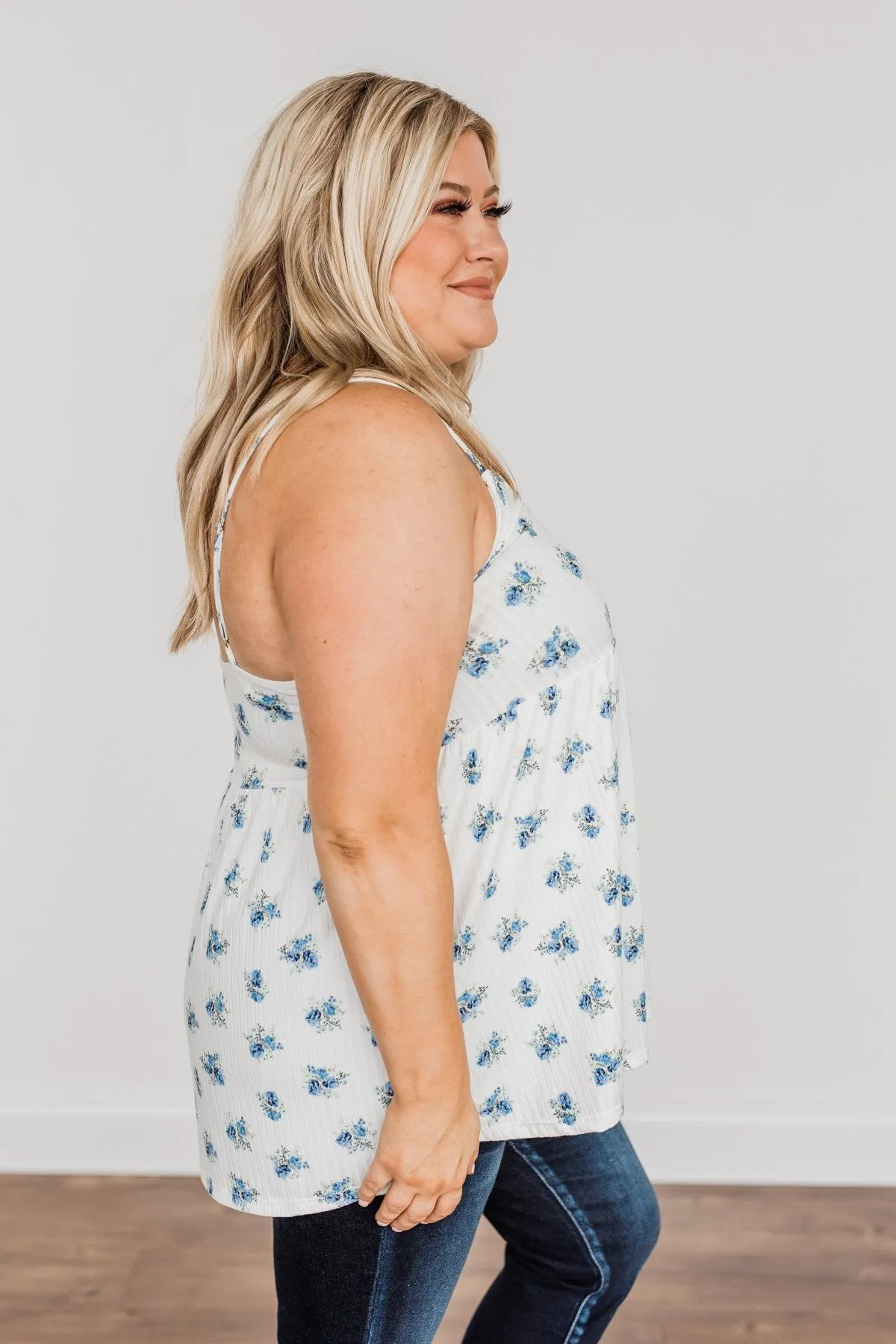 Follow The Flowers Knit Tank Top- Off-White & Blue