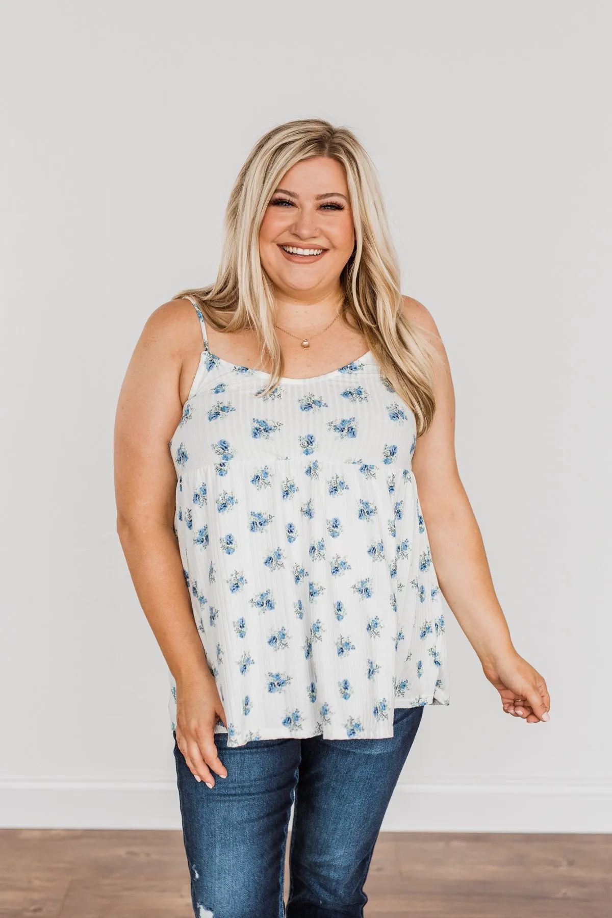 Follow The Flowers Knit Tank Top- Off-White & Blue